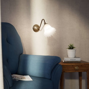 Brass wall lamp with floral frosted glass shade, vintage contemporary design for interiors by Ghidini 1849 - Finish: OAS Antique Brass