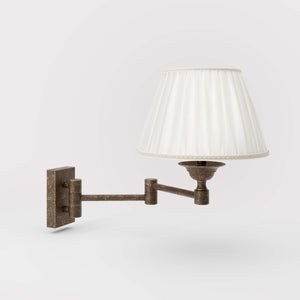 Double joint wall lamp with base and arm articulation, ivory pleated fabric shade, elegant design - Finish: OAS Antique Brass