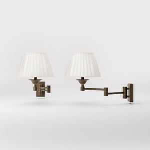 Double joint wall lamp with base and arm articulation, ivory pleated fabric shade, elegant design - Finish: OBM Bronze Satin Matt Brass
