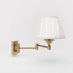 Double joint wall lamp with base and arm articulation, ivory pleated fabric shade, elegant design - Finish: OBS Bronze Satin Brass