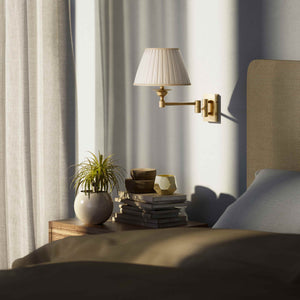 Double joint wall lamp with base and arm articulation, ivory pleated fabric shade, elegant design - Finish: OBS Bronze Satin Brass