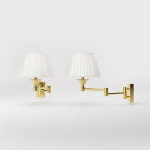 Double joint wall lamp with base and arm articulation, ivory pleated fabric shade, elegant design - Finish: OLV Polished Brass