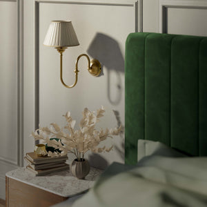 Classic brass wall lamp with curved arm and ivory pleated shade, design inspired by musical instruments Made in Italy by Ghidini 1849 - Finish: OBS Bronze Satin Brass