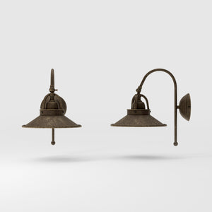 Industrial brass wall lamp with curved arm and adjustable conical shade, vintage style for functional lighting by Ghidini 1849 - Finish: OAS Antique Brass