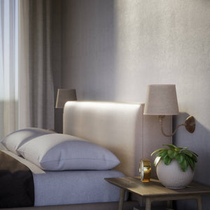 Brass wall light with a grey linen fabric shade, classic design, ideal for elegant and cozy interiors by Ghidini 1849 - Finish: OAS Antique Brass