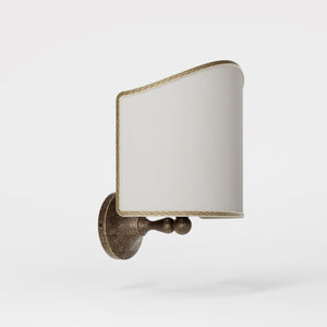 Brass wall lamp with ivory fabric shade, embroidered edge, classic design, Made in Italy by Ghidini 1849 - Finish: OAS Antique Brass