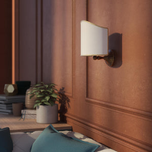 Brass wall lamp with ivory fabric shade, embroidered edge, classic design, Made in Italy by Ghidini 1849 - Finish: OAS Antique Brass