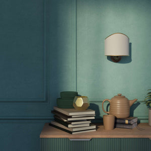 Brass wall lamp with ivory fabric shade, embroidered edge, classic design, Made in Italy by Ghidini 1849 - Finish: OAS Antique Brass