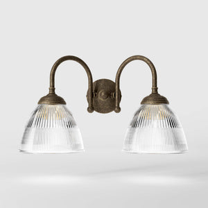 Double brass wall lamp clear ribbed glass Art Deco design bathroom lighting Italian Ghidini 1849 - Finish: OAS Antique Brass