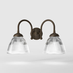 Double brass wall lamp clear ribbed glass Art Deco design bathroom lighting Italian Ghidini 1849 - Finish: OBM Bronze Satin Matt Brass