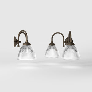 Double brass wall lamp clear ribbed glass Art Deco design bathroom lighting Italian Ghidini 1849 - Finish: OBM Bronze Satin Matt Brass