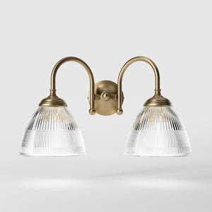 Double brass wall lamp clear ribbed glass Art Deco design bathroom lighting Italian Ghidini 1849 - Finish: OBS Bronze Satin Brass