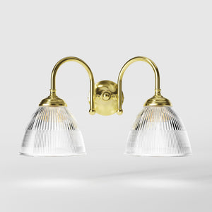 Double brass wall lamp clear ribbed glass Art Deco design bathroom lighting Italian Ghidini 1849 - Finish: OLV Polished Brass