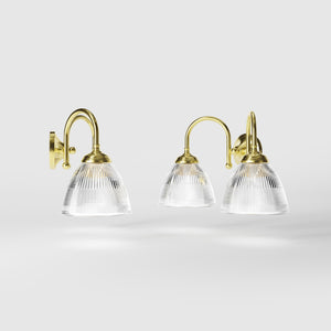 Double brass wall lamp clear ribbed glass Art Deco design bathroom lighting Italian Ghidini 1849 - Finish: OLV Polished Brass