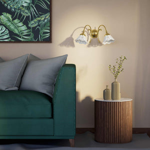 Brass wall lamp with two decorative ceramic shades, classic style Zefira by Ghidini 1849 - Finish: OLV Polished Brass