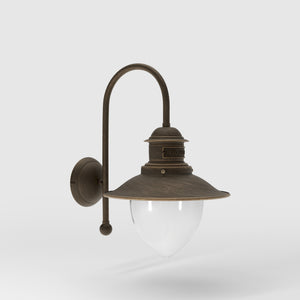 Nautical style wall lamp with curved brass arm and clear glass diffuser, Italian design inspired by ancient port lanterns by Ghidini 1849 - Finish: OBM Bronze Satin Matt Brass