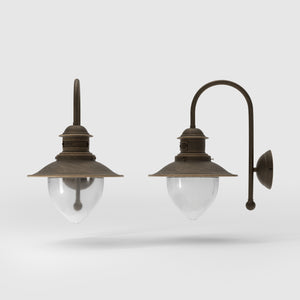 Nautical style wall lamp with curved brass arm and clear glass diffuser, Italian design inspired by ancient port lanterns by Ghidini 1849 - Finish: OBM Bronze Satin Matt Brass