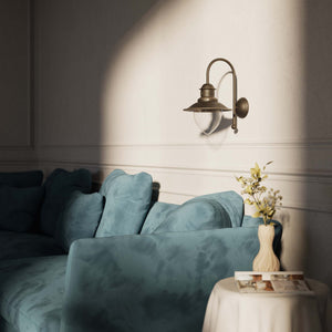 Nautical style wall lamp with curved brass arm and clear glass diffuser, Italian design inspired by ancient port lanterns by Ghidini 1849 - Finish: OBM Bronze Satin Matt Brass