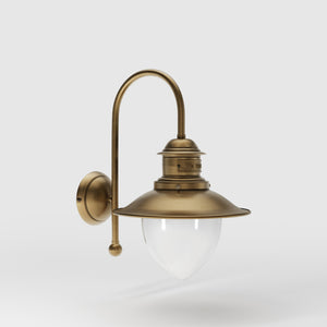 Nautical style wall lamp with curved brass arm and clear glass diffuser, Italian design inspired by ancient port lanterns by Ghidini 1849 - Finish: OBS Bronze Satin Brass