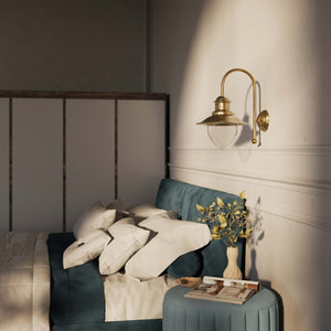 Nautical style wall lamp with curved brass arm and clear glass diffuser, Italian design inspired by ancient port lanterns by Ghidini 1849 - Finish: OBS Bronze Satin Brass