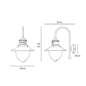 Nautical style wall lamp with curved brass arm and clear glass diffuser, Italian design inspired by ancient port lanterns by Ghidini 1849