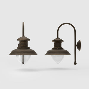 Nautical style wall lamp with brass arm and drop-shaped glass diffuser, Italian design inspired by vintage ship lanterns by Ghidini 1849 - Finish: OBM Bronze Satin Matt Brass