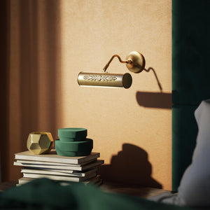 Picture wall lamp in brass with floral relief pattern, adjustable arm and circular base for artwork illumination by Ghidini 1849 - Finish: OBS Bronze Satin Brass