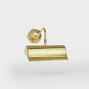 Baroque brass picture wall lamp with ornaments, decorative rosette and adjustable arm for artistic lighting by Ghidini 1849 - Finish: OLV Polished Brass