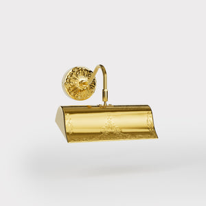 Baroque brass picture wall lamp with ornaments, decorative rosette and adjustable arm for artistic lighting by Ghidini 1849 - Finish: ORO 24K Gold Plated