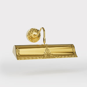 Classical brass picture wall lamp 30 cm with rocaille decorations, floral rosette and adjustable arm by Ghidini 1849 - Finish: ORO 24K Gold Plated