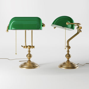 Banker’s lamp in brass with adjustable green glass shade, classic style, ideal for elegant and functional interiors by Ghidini 1849 - OBS Bronze Satin Brass