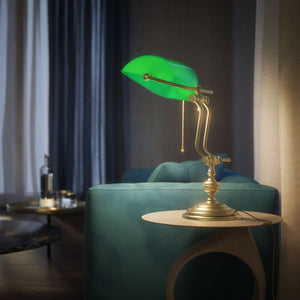 Banker’s lamp in brass with adjustable green glass shade, classic style, ideal for elegant and functional interiors by Ghidini 1849 - OBV Bronze Satin Light Brass