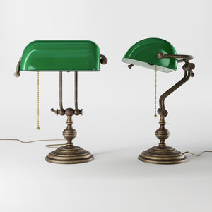 Banker’s lamp in brass with adjustable green glass shade, classic style, ideal for elegant and functional interiors by Ghidini 1849 - OAS Antique Brass