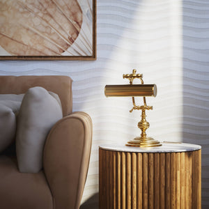 Brass study lamp with adjustable cylindrical shade on turned base with concentric moldings and dual joint system by Ghidini 1849 - Finish: ORO 24K Gold Plated