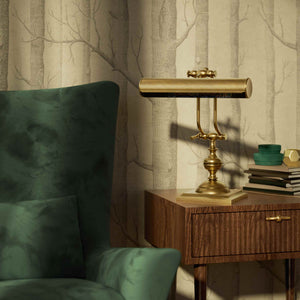 Vintage brass table lamp with adjustable cylindrical shade and articulated arm on square base with turned element by Ghidini 1849 - Finish: OBS Bronze Satin Brass