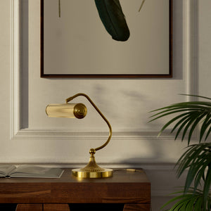 Art Deco brass table lamp with fluted cylindrical shade and adjustable joint on radially ribbed base by Ghidini 1849 - Finish: ORO 24K Gold Plated