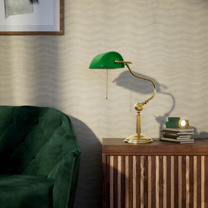 Classic brass banker desk lamp with green glass shade articulated arm and stepped base with fluted column by Ghidini 1849 - Finish: OLV Polished Brass