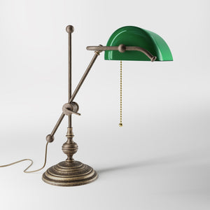 Adjustable Churchill brass lamp with green glass shade by Ghidini 1849 - Finish: OAS Antique Brass