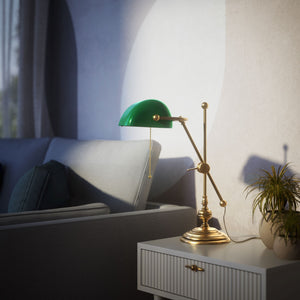 Adjustable Churchill brass lamp with green glass shade by Ghidini 1849 - Finish: OBS Bronze Satin Brass