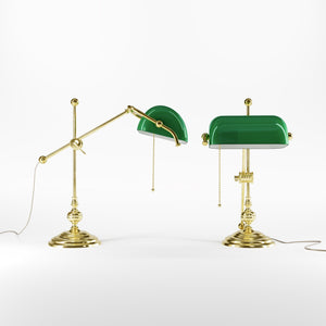 Adjustable Churchill brass lamp with green glass shade by Ghidini 1849 - Finish: OLV Polished Brass