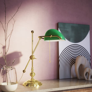 Adjustable Churchill brass lamp with green glass shade by Ghidini 1849 - Finish: OLV Polished Brass