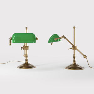 Mini brass desk lamp with green glass shade sliding arm on stem and turned circular base by Ghidini 1849 - Finish: OBS Bronze Satin Brass