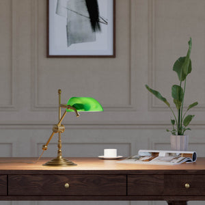 Mini brass desk lamp with green glass shade sliding arm on stem and turned circular base by Ghidini 1849 - Finish: OBS Bronze Satin Brass