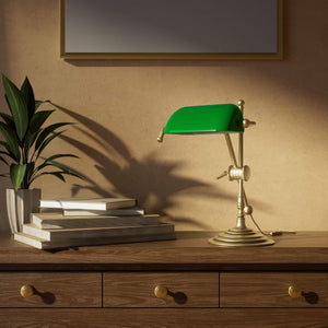 Mini brass desk lamp with green glass shade sliding arm on stem and turned circular base by Ghidini 1849 - Finish: OBV Bronze Satin Light Brass