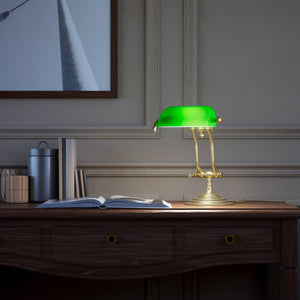 Compact brass desk lamp with green glass shade double joint system and stepped circular base by Ghidini 1849 - Finish: OBV Bronze Satin Light Brass
