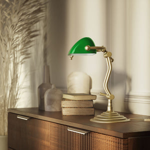 Compact brass desk lamp with green glass shade double joint system and stepped circular base by Ghidini 1849 - Finish: OBV Bronze Satin Light Brass