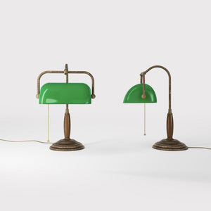 Brass and wood desk lamp with green glass shade chain pull switch and stepped concentric base by Ghidini 1849 - Finish: OAS Antique Brass