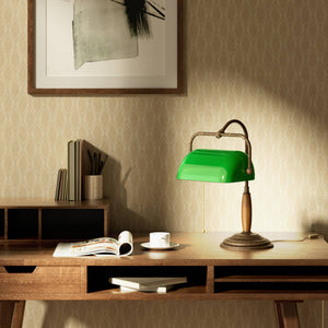 Brass and wood desk lamp with green glass shade chain pull switch and stepped concentric base by Ghidini 1849 - Finish: OAS Antique Brass