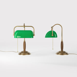 Brass and wood desk lamp with green glass shade chain pull switch and stepped concentric base by Ghidini 1849 - Finish: OBS Bronze Satin Brass
