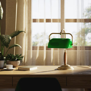 Brass and wood desk lamp with green glass shade chain pull switch and stepped concentric base by Ghidini 1849 - Finish: OBS Bronze Satin Brass